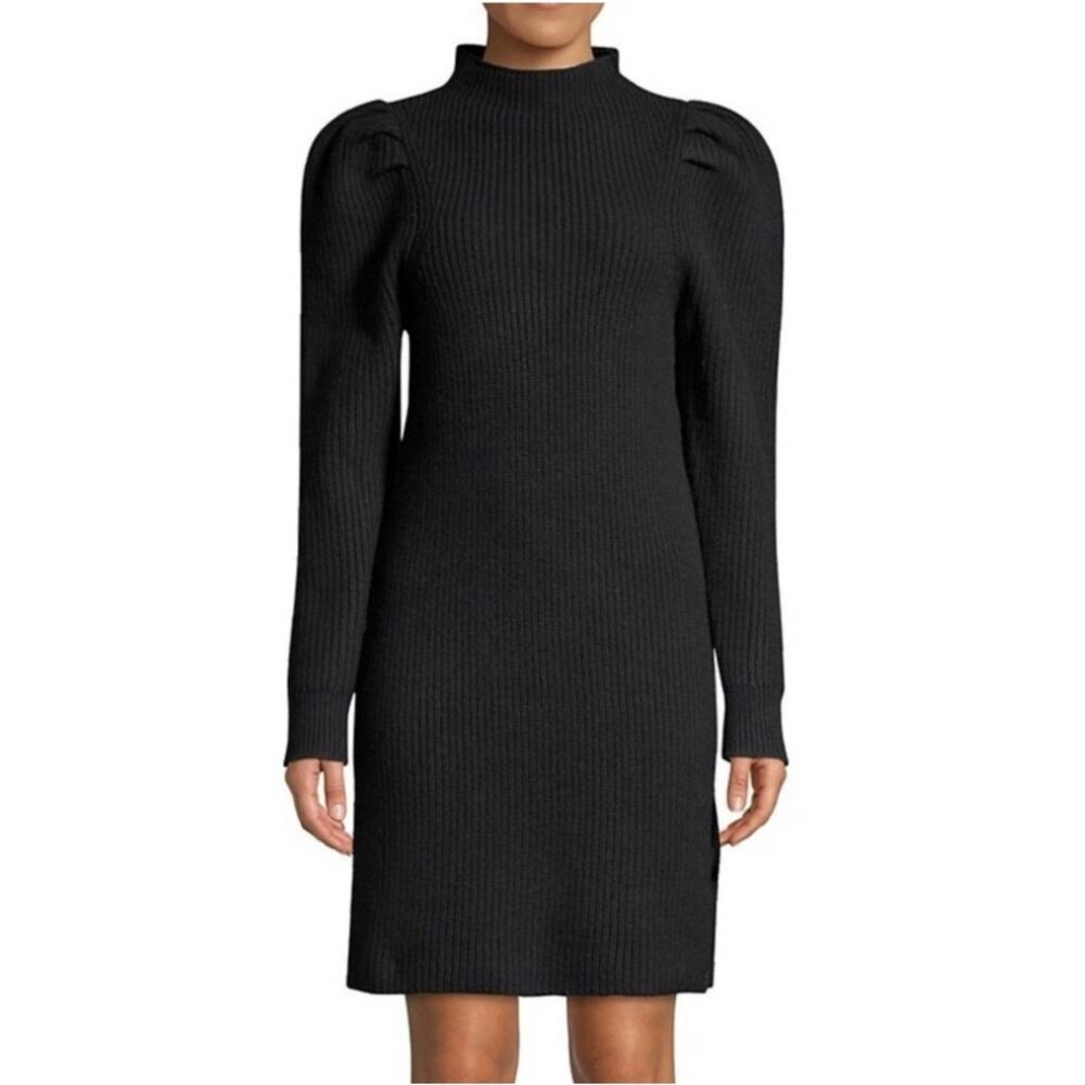 Sandro Paris Size Small 100% Wool Mock Sweater Dress Black Puff Sleeves Ribbed